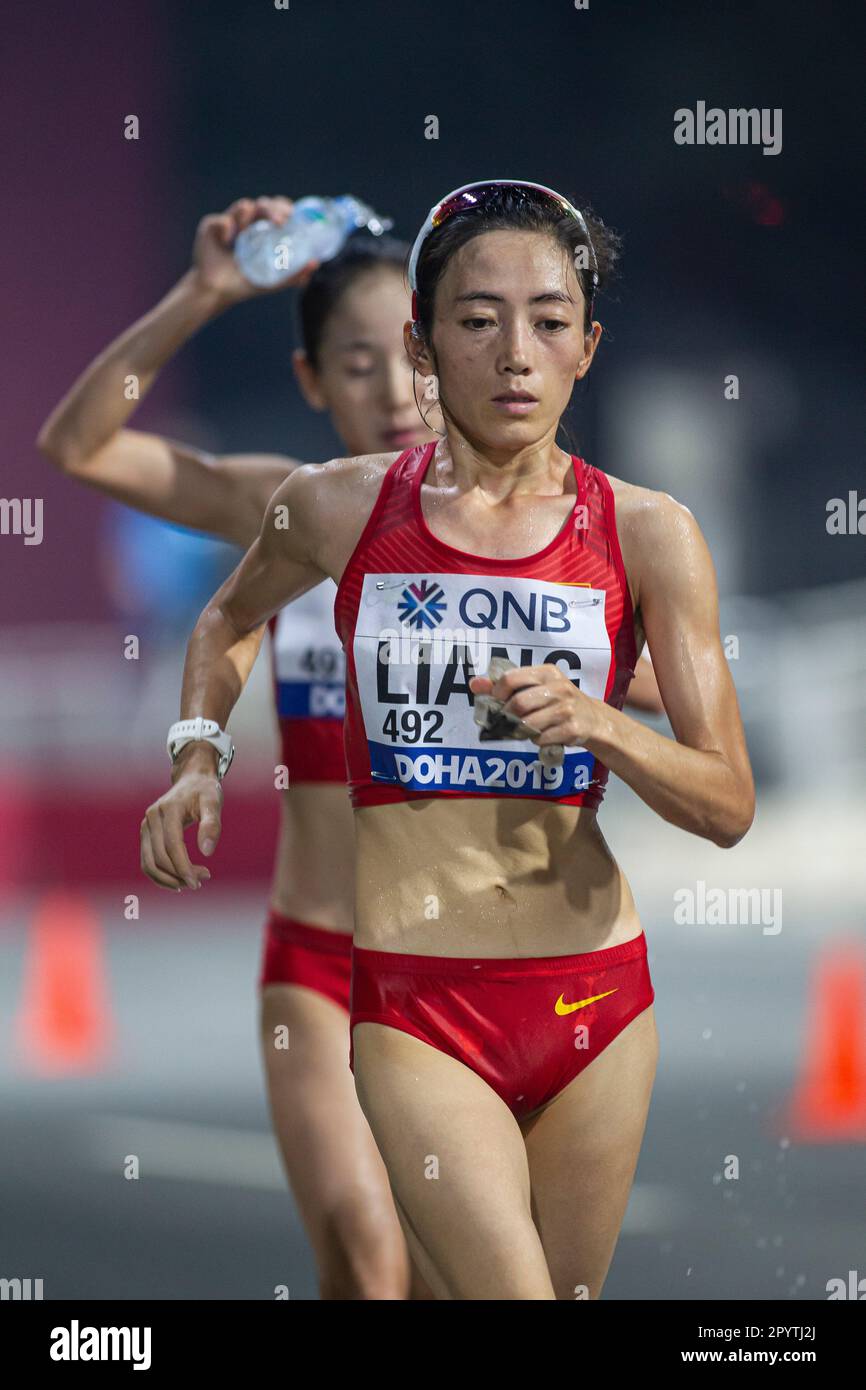 Rui Liang running the 50 Kilometres Race Walk at the 2019 World ...