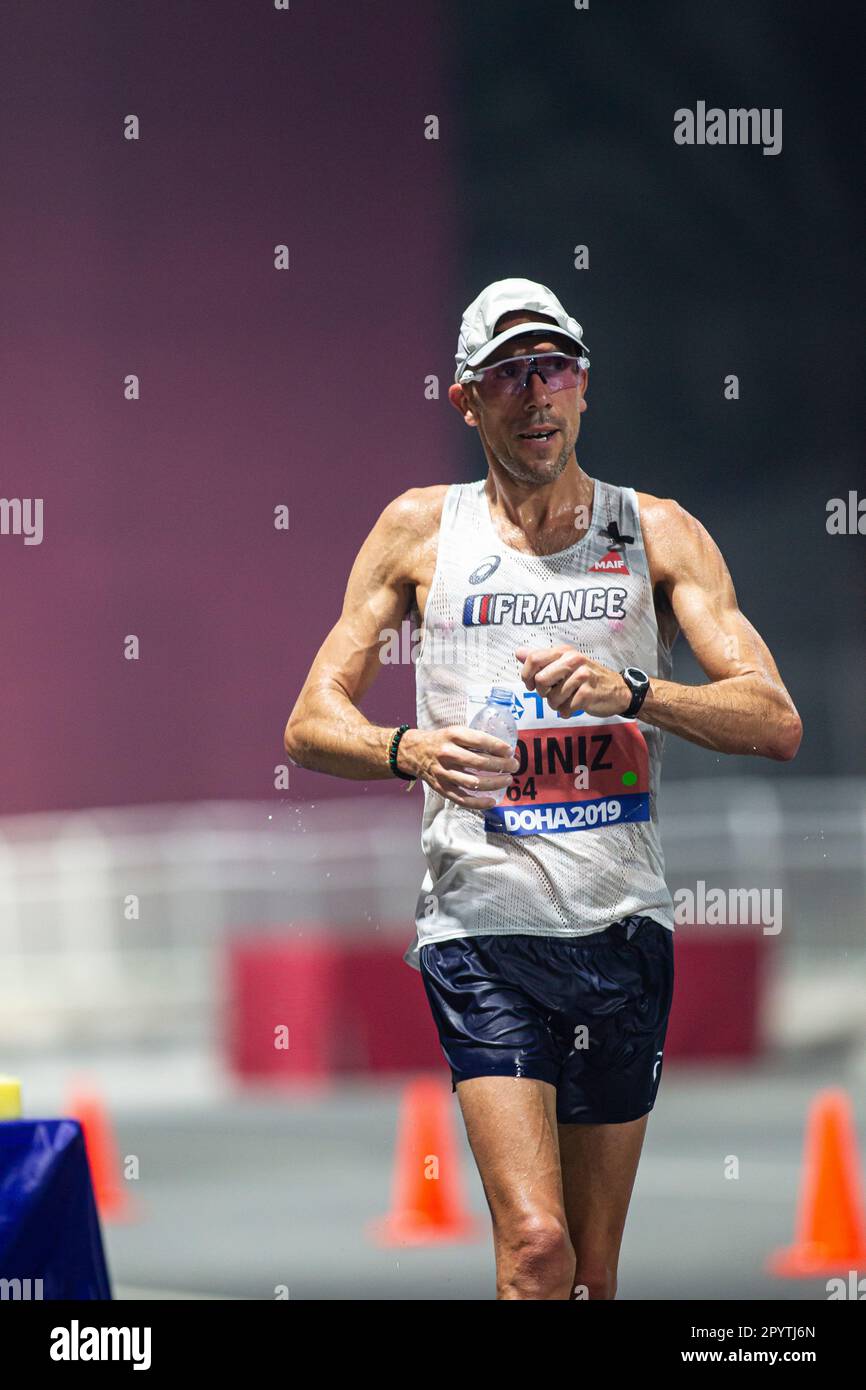 Yohann Diniz running the 50 Kilometres Race Walk at the 2019 World Athletics Championships in Doha. Stock Photo