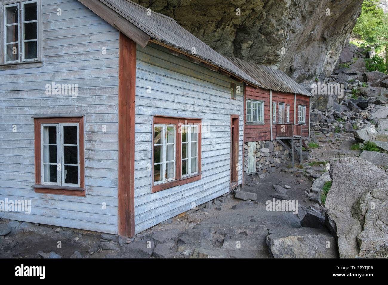 A scenic view of antique Helleren Houses in Jossingfjord, Norway Stock Photo