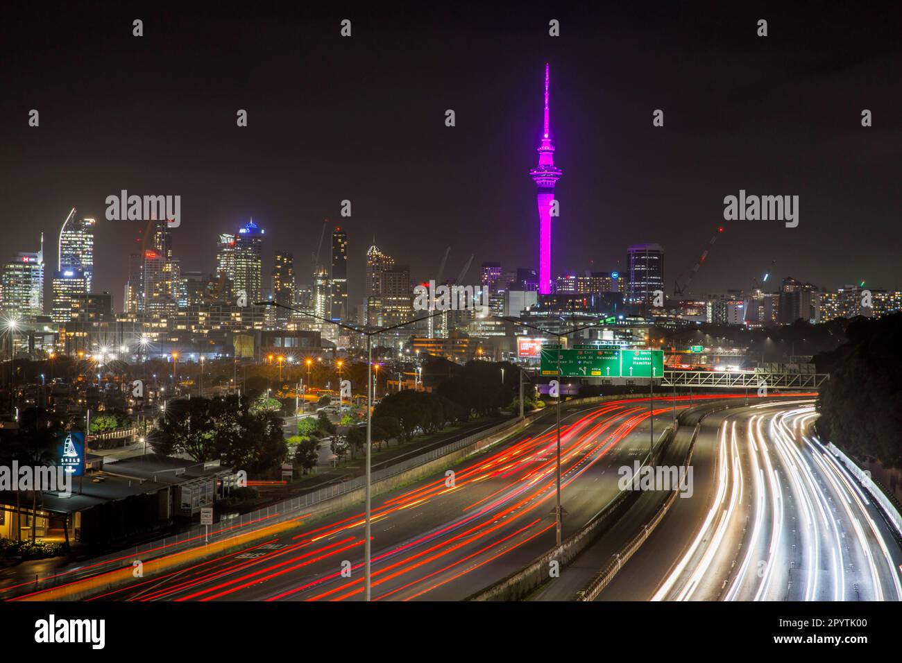Auckland, New Zealand, 05 May, 2023. The Sky Tower and other landmarks around the city light up in royal purple to celebrate the coronation of King Charles III. The coronation of King Charles III will take place in London on May 6. Credit: David Rowland/Alamy Live News Stock Photo