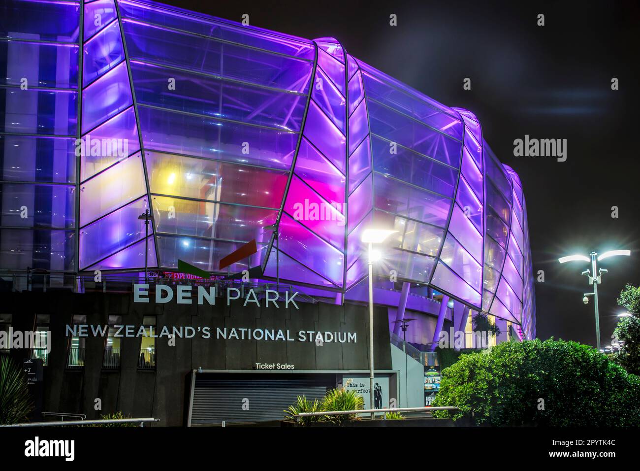 Auckland, New Zealand, 05 May, 2023. Eden Park, the national stadium and other landmarks around the city light up in royal purple to celebrate the coronation of King Charles III. The coronation of King Charles III will take place in London on May 6. Credit: David Rowland/Alamy Live News Stock Photo