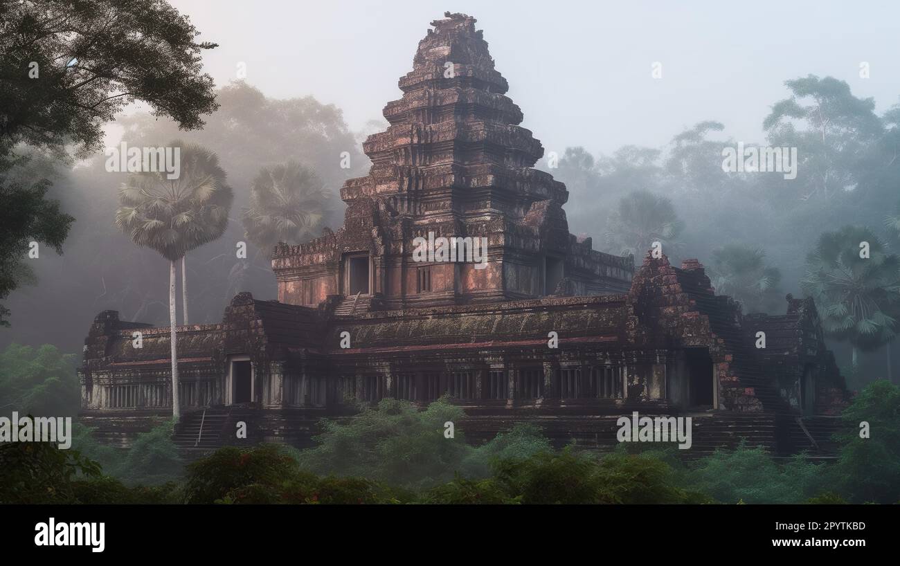 A Angkor Wat temple building facade surrounded by dense trees Stock ...