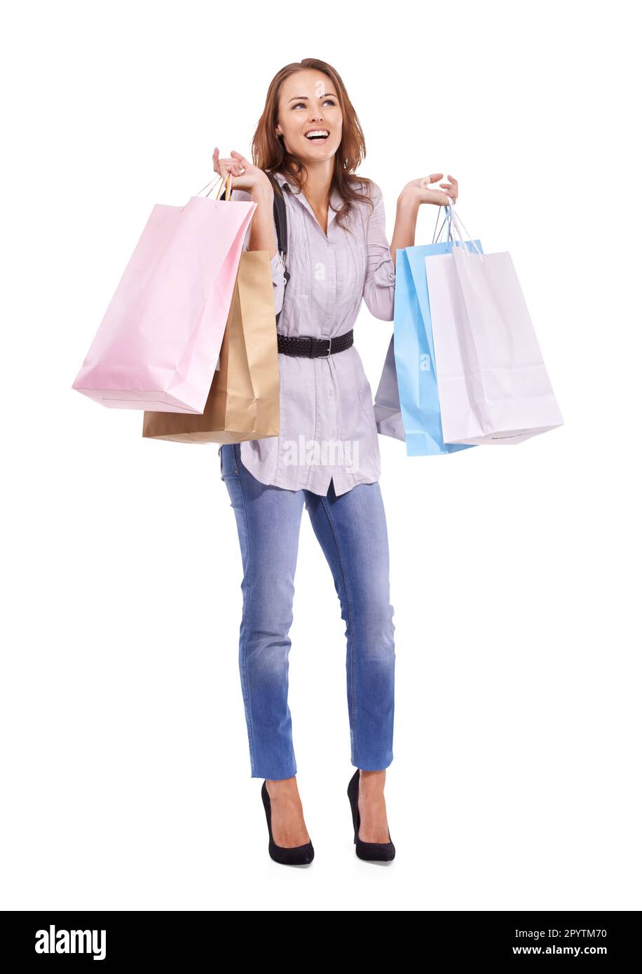 Shopping bag, thinking and happy woman isolated on transparent, png  background of fashion ideas, discount or sales. Wealth, inspiration and  customer Stock Photo - Alamy
