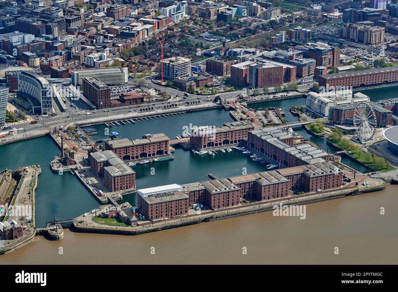 An aerial photograph of Albert Docks, Liverpool Waterfront, River Mersey, North West England, UK Stock Photo