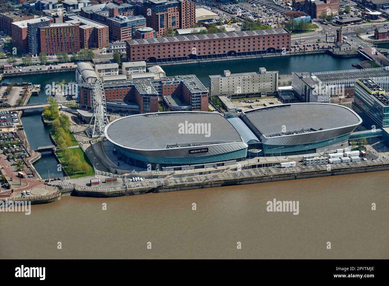 An aerial photograph of The M & S Bank Arena, Liverpool Waterfront