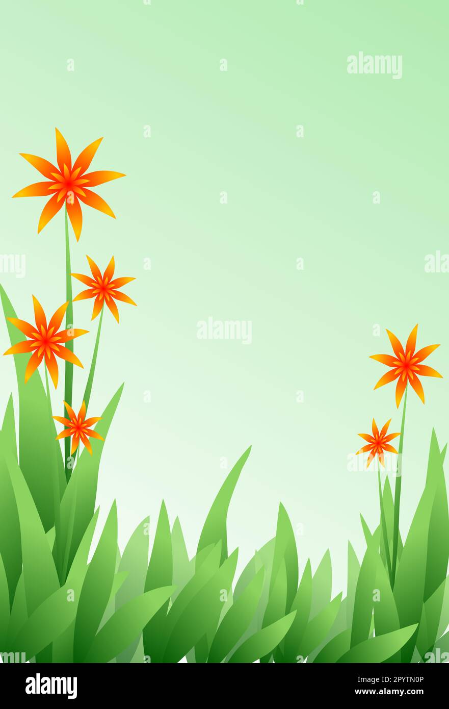 Stylized grasses and orange flowers on the green background. Background for the spring or summer. Stock Photo