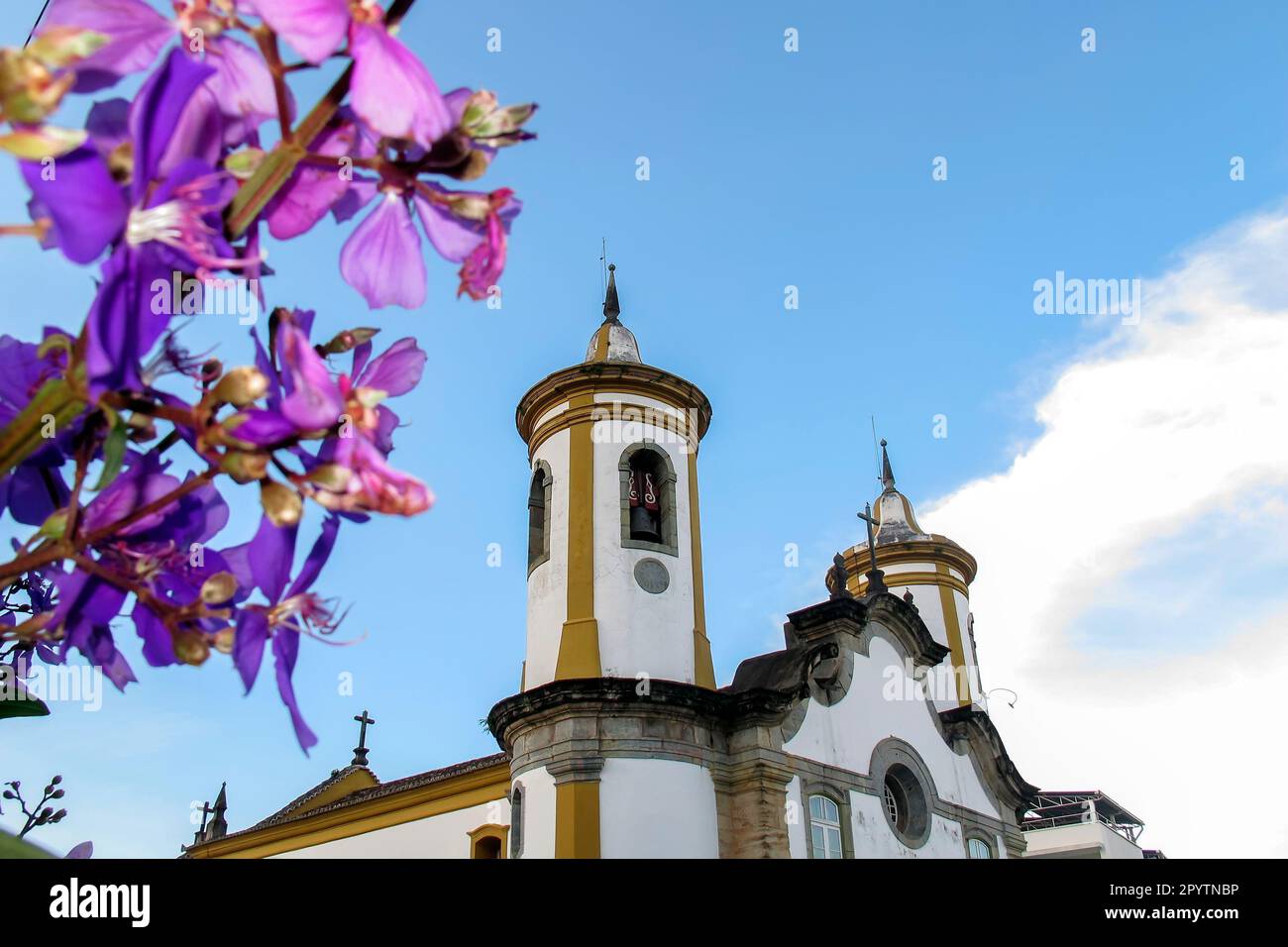 Oliveira, Minas Gerais, Brazil - February 24, 2023: detail of the church tower our lady of Oliveira, in the city of Oliveira, Minas Gerais Stock Photo