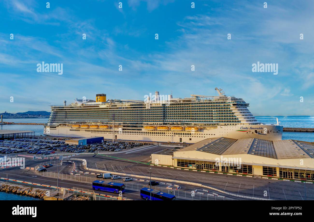 The huge cruise ship, costa smeralda, berthed in the cruise terminal in Marseille, France under a bright blue sky Stock Photo