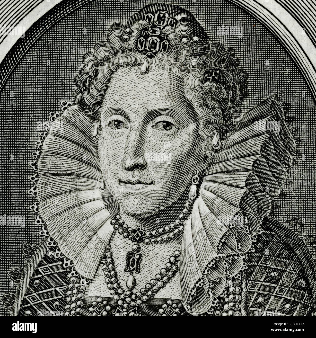 Queen Elizabeth I of England (1533 - 1603). Square detail of engraving created in the 1700s by Michael van der Gucht (1660-1725), after a portrait by Sir Anthony More (c. 1520 - c. 1576). Stock Photo