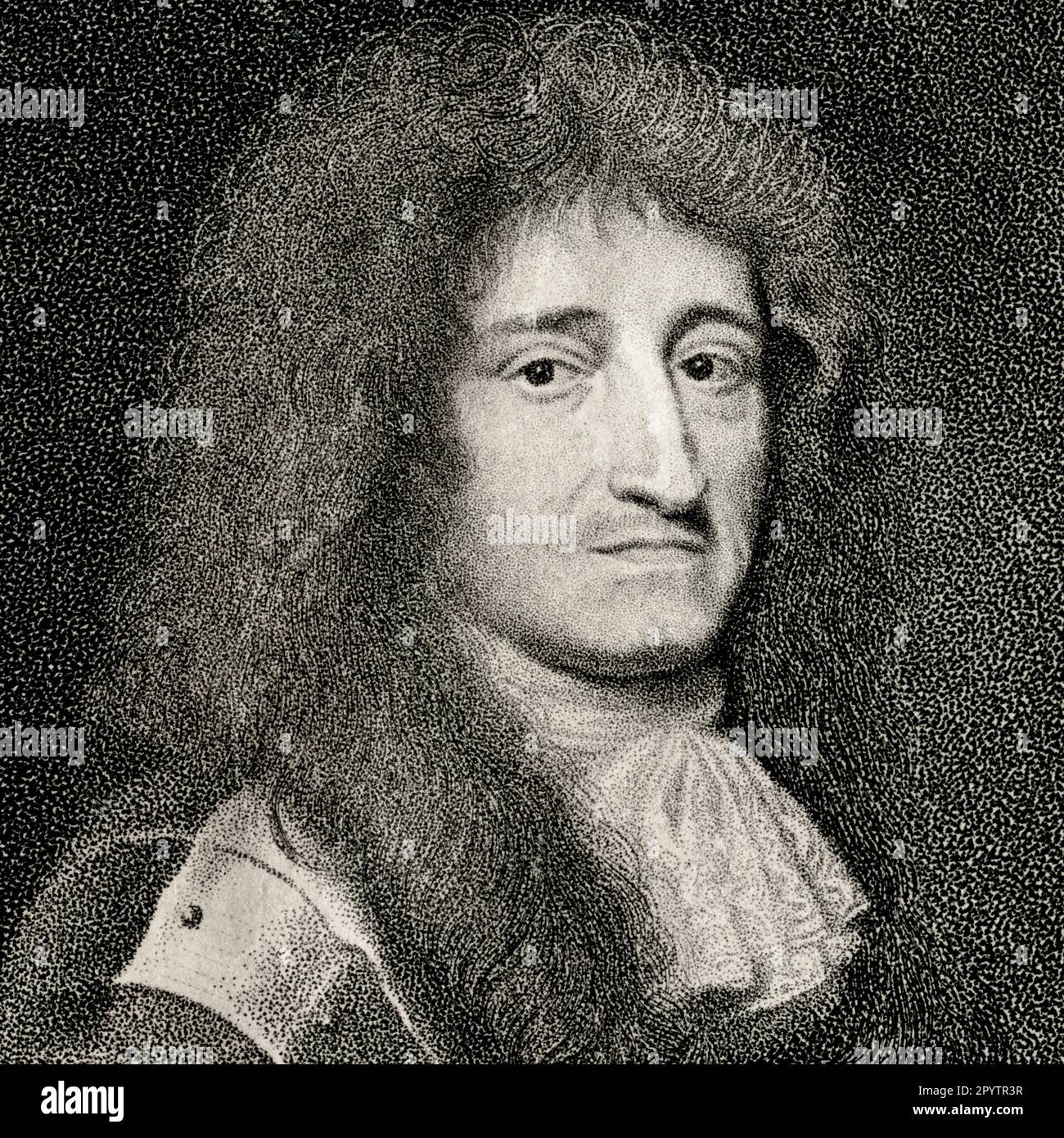 Prince Rupert of the Rhine (1619-1682), Count Palatine and 1st Duke of Cumberland, a nephew of King Charles I of England and Royalist cavalry commander during the English Civil War.  Square detail of a stipple engraving created in the 1700s by John Keyse Sherwin (1751-1790), after a miniature watercolour portrait by Samuel Cooper (1609-1672). Stock Photo