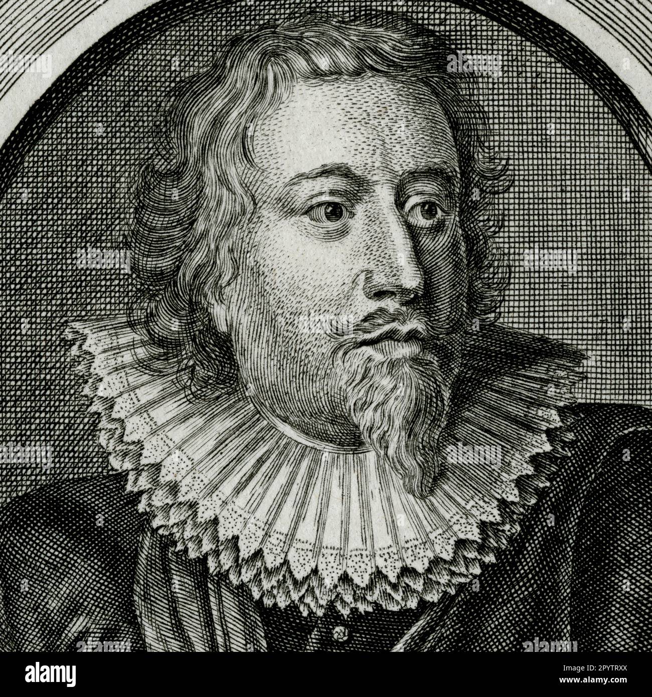 Richard Weston (1577-1635), 1st Earl of Portland, Chancellor of the Exchequer under two Stuart kings, James I of England and VI of Scotland and Charles I. Square detail of engraving created in the 1700s by George Vertue (1683-1756), after a portrait by Sir Anthony Van Dyck (1599-1641), and used in the 1740 edition of  'History of the Rebellion and Civil Wars in England' by Edward Hyde (1609-1674), raised to the peerage as 1st Earl of Clarendon. Stock Photo