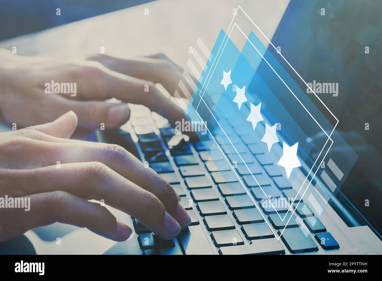 positive feedback, writing online review with 5 five star rating, reputation management concept Stock Photo