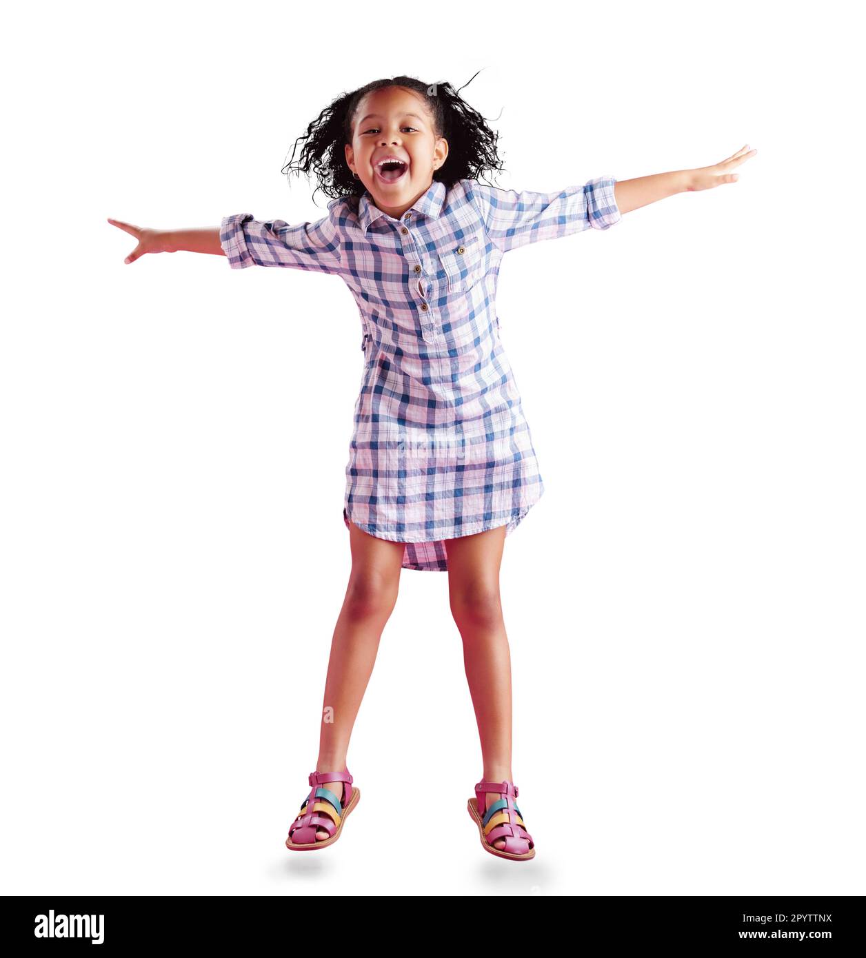 Cheerful kid girl jumping outstretched arms, two poses. Funny child cartoon  character of a kawaii child girl with glasses and pink anime hairs. Freedom  and happy childhood concept. 3D render Stock Illustration