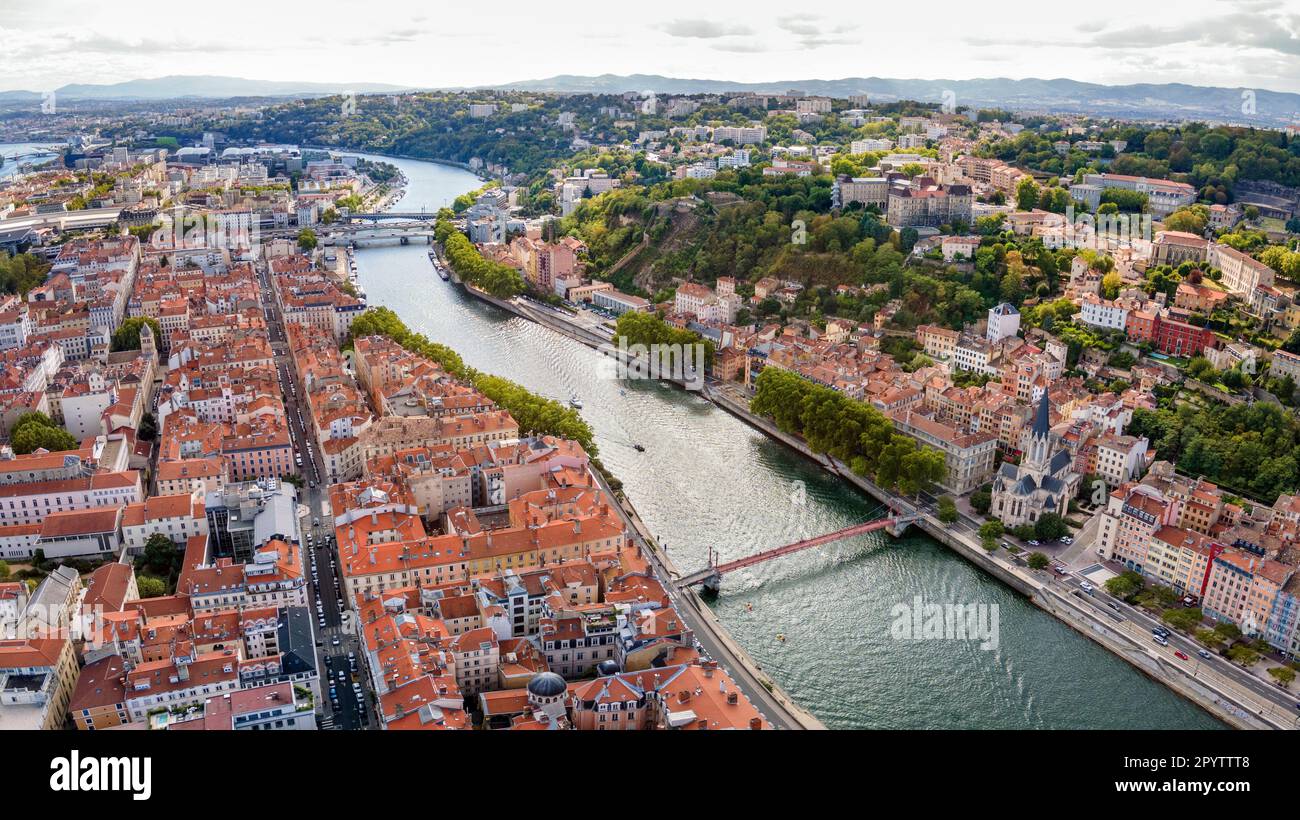 Lyon France panoramic aerial view, city panorama, beautiful cityscape from above Stock Photo