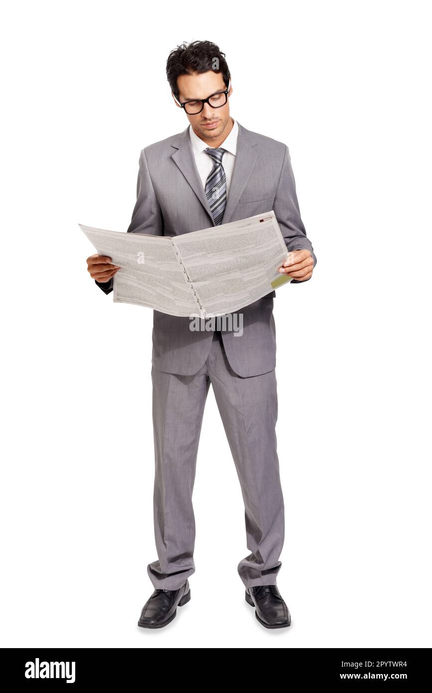 Isolated business man, reading newspaper or focus for financial indicator, stock market update and economy. Businessman, news or article for info Stock Photo