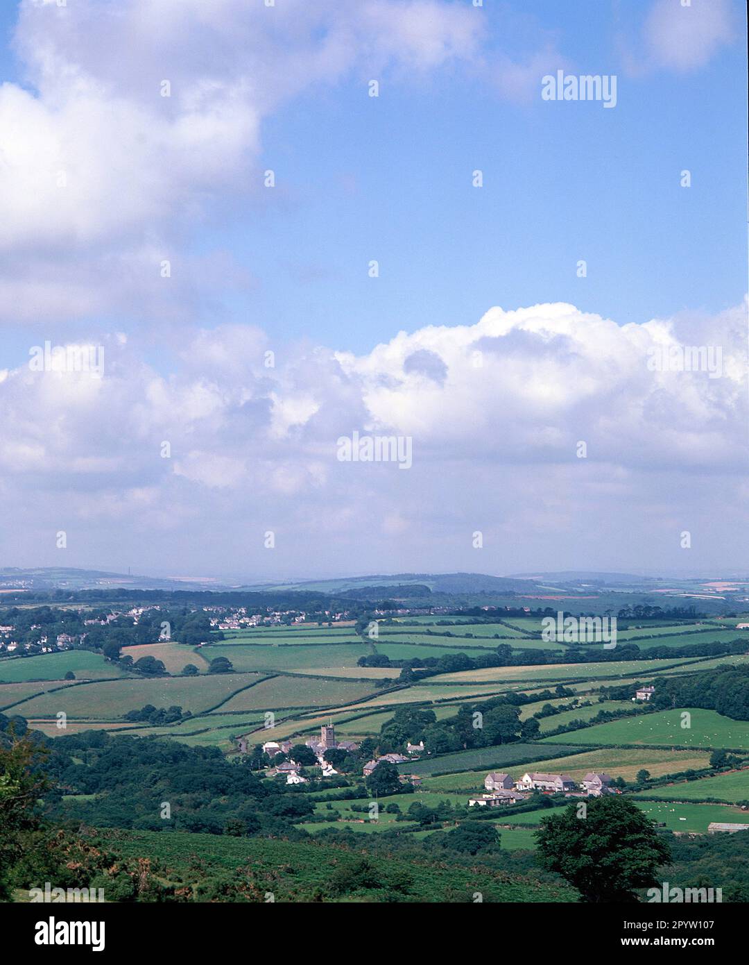 England. Devon. High viewpoint of edge of Dartmoor with villages. Stock Photo