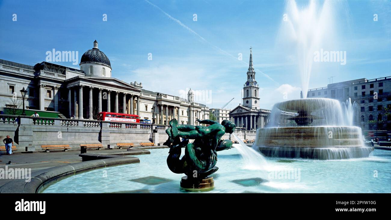 England. London. National Gallery & fountain in Trafalgar Square. Stock Photo