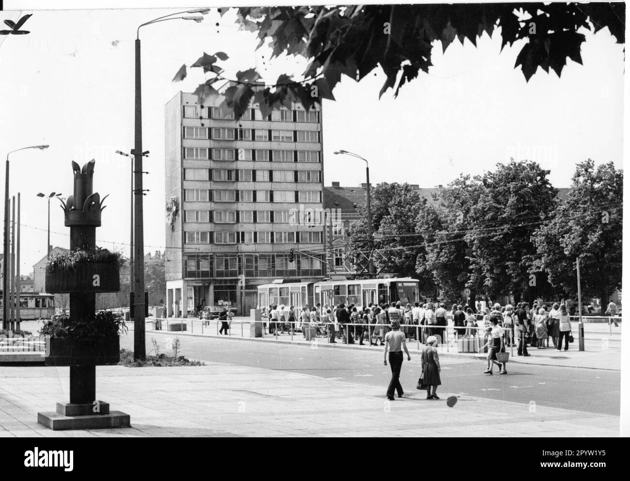 Potsdam June 1980 streetcar stop Platz der Einheit with Haus des