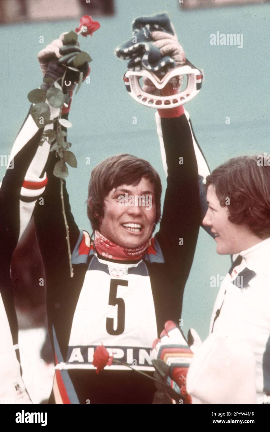 Olympic Winter Games in Innsbruck 1976. Rosi Mittermaier (Deut.) cheers after her victory in the slalom 11.02.1976. [automated translation] Stock Photo
