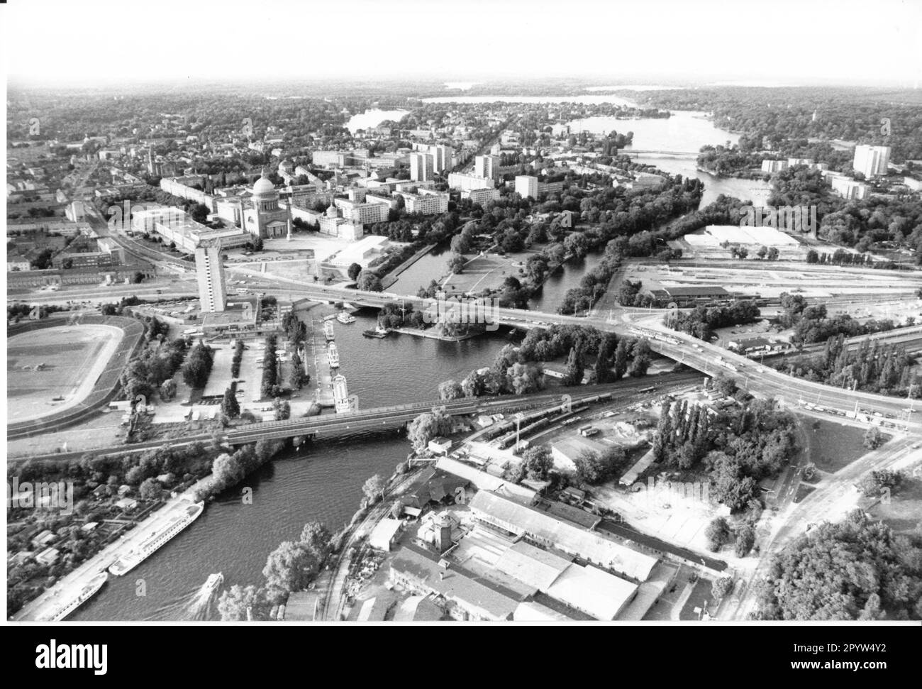 View of Potsdam from above, with harbor basin, Old Market and Friendship Island. Bridge. Havel river. City view. Aerial view. Photo:MAZ/Christel Köster, June 1993 [automated translation] Stock Photo