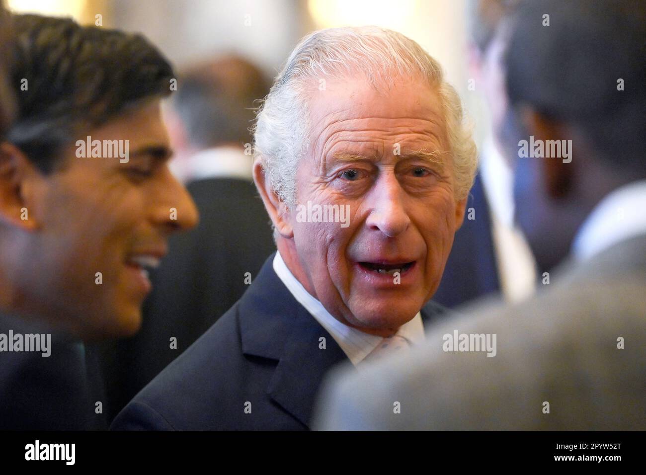 King Charles III and Prime Minister Rishi Sunak (left) during a Realm Governors General and Prime Ministers Lunch at Buckingham Palace in London, ahead of his coronation. Picture date: Friday May 5, 2023. Stock Photo