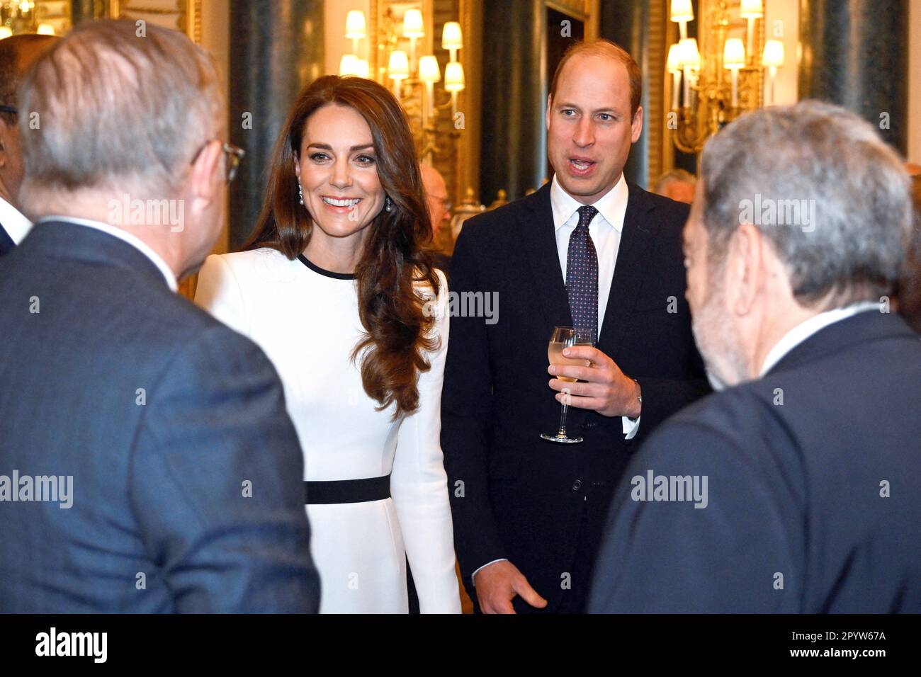 The Prince and Princess of Wales speak with Australian Prime Minister Anthony Albanese (left), during a Realm Governors General and Prime Ministers Lunch at Buckingham Palace in London, ahead of the coronation of King Charles III. Picture date: Friday May 5, 2023. Stock Photo