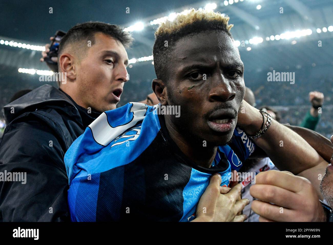 Udine, Italy. 04th May, 2023. Pierluigi Gollini and Victor Osimhen of SSC Napoli celebrate at the end of the Serie A football match between Udinese Calcio and SSC Napoli at Friuli stadium in Udine (Italy), May 4th, 2023. Napoli drew 1-1 with Udinese winning the Italian title 'scudetto'. Credit: Insidefoto di andrea staccioli/Alamy Live News Stock Photo