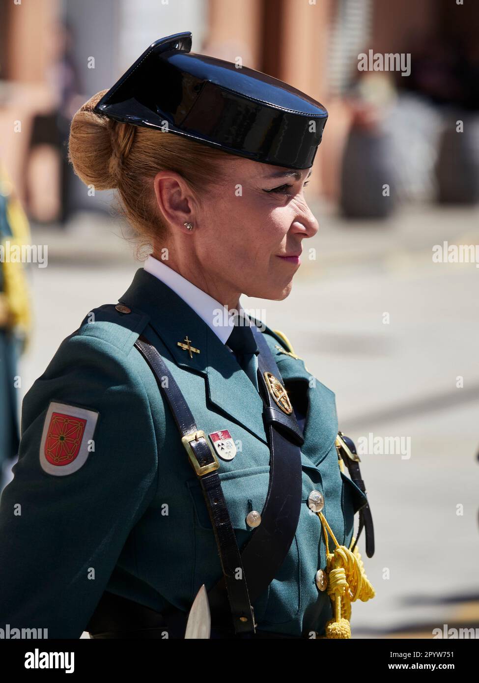 A Guardia Civil woman during a ceremony commemorating the 35th anniversary  of the incorporation of women into the Guardia Civil, on May 5, 2023, in  Pamplona, Navarra (Spain). Although the initial date