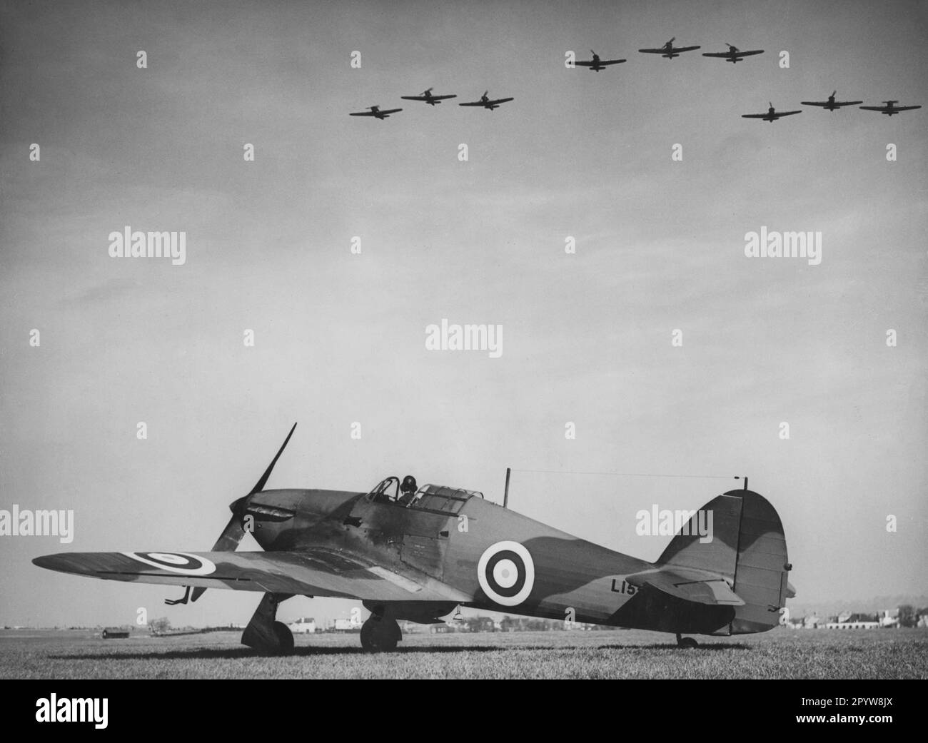 British fighter Hawker Hurricane aircraft of the 111th Fighter Squadron at Northolt airfield, Middlesex. [automated translation] Stock Photo