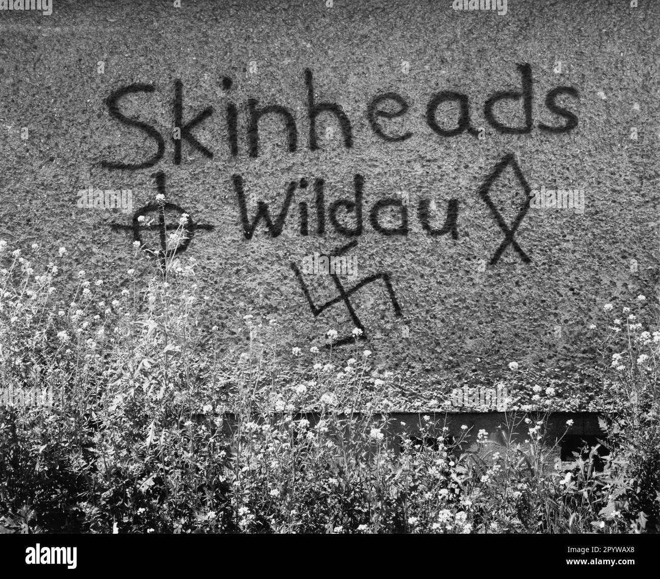 ' Politics, neo-fascism. Graffito of the ''Skinheads Wildau'' on a garage wall in Wildau (Dahme-Spreewald district, Brandenburg). Photo, June 1993.' Stock Photo