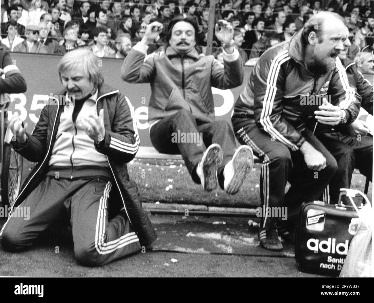 Soccer Bundesliga 1981/82 season. Bayer 04 Leverkusen - MSV Duisburg 08.05.1982. Excitement on the Leverkusen bench. From left: Coach Kentschke, Fred Bockholt and masseur Trzollek. For journalistic use only! Only for editorial use! [automated translation] Stock Photo