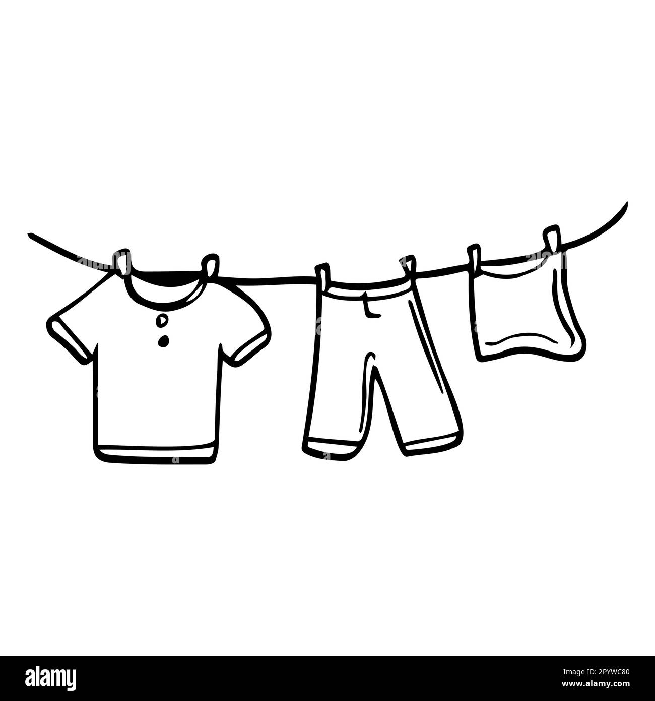 Doodle Laundry on a rope icons. Vector laundry clothes sketch. Isolated