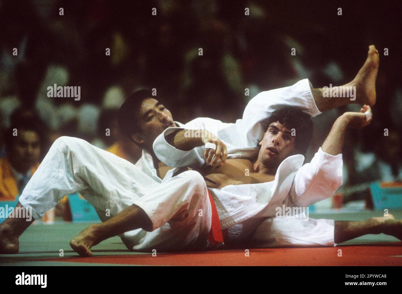 Olympic Games 1984 in Los Angeles. Judo: Half-middleweight: Frank Wienecke (BRD/front) in the fight against Takano (JPN). 07.08.1984. [automated translation] Stock Photo