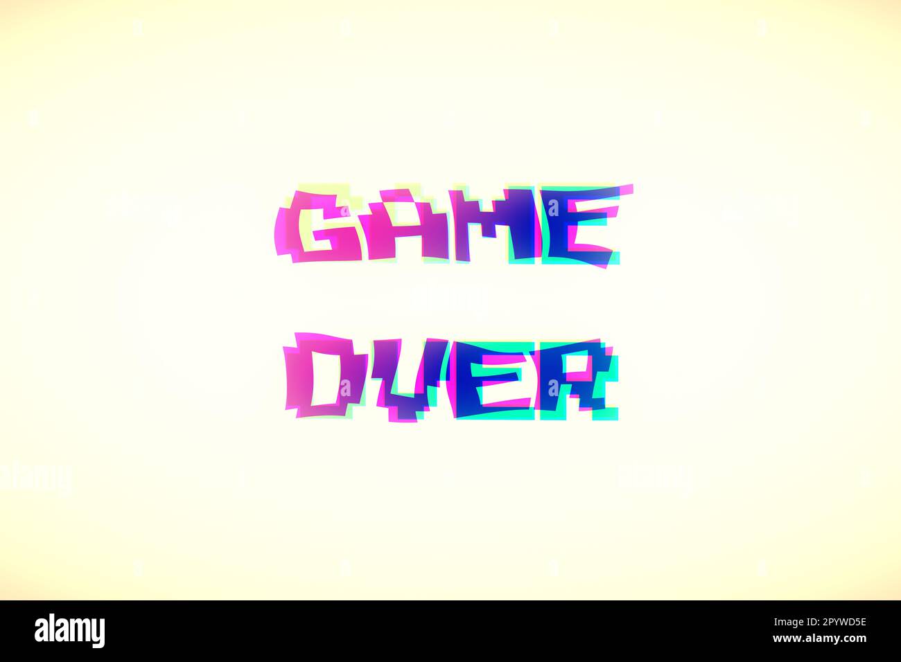 A colorful screen with the text Game Over, distorted like a wave. 8 bit retro funky style, vaporwave color tones (pink and blue), vignetted. Stock Photo
