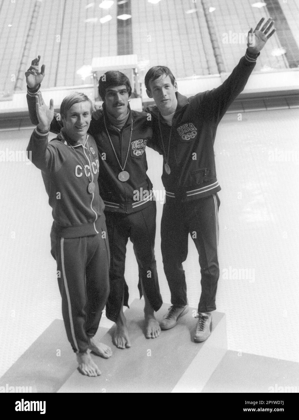Olympic Games Munich 1972 / Swimming: Award ceremony 100m freestyle: Mark Spitz (gold), Jerry Heidenreich (silver/both USA) and Vladimir Bure (USSR/bronze) 03.09.1972. [automated translation] Stock Photo