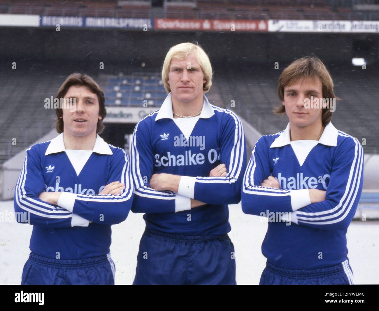 Three top performers of FC Schalke 04 in the 1978/79 season. From left: Klaus Fischer, Rolf Rüßmann and Rüdiger Abramczik. Rec.: 15.12.1978 (estimated). DFL REGULATIONS PROHIBIT ANY USE OF PHOTOGRAPHS AS IMAGE SEQUENCES AND/OR QUASI-VIDEO [automated translation] Stock Photo