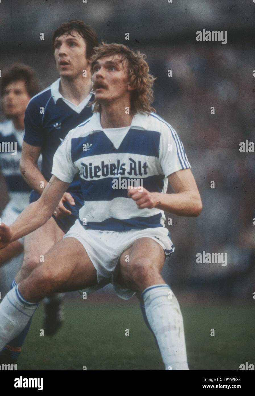 MSV Duisburg - FC Schalke 04 / 5:1 / 15.05.1981. Paul Steiner (MSV) in front of Klaus Fischer (S04). For journalistic use only! Only for editorial use! [automated translation] Stock Photo