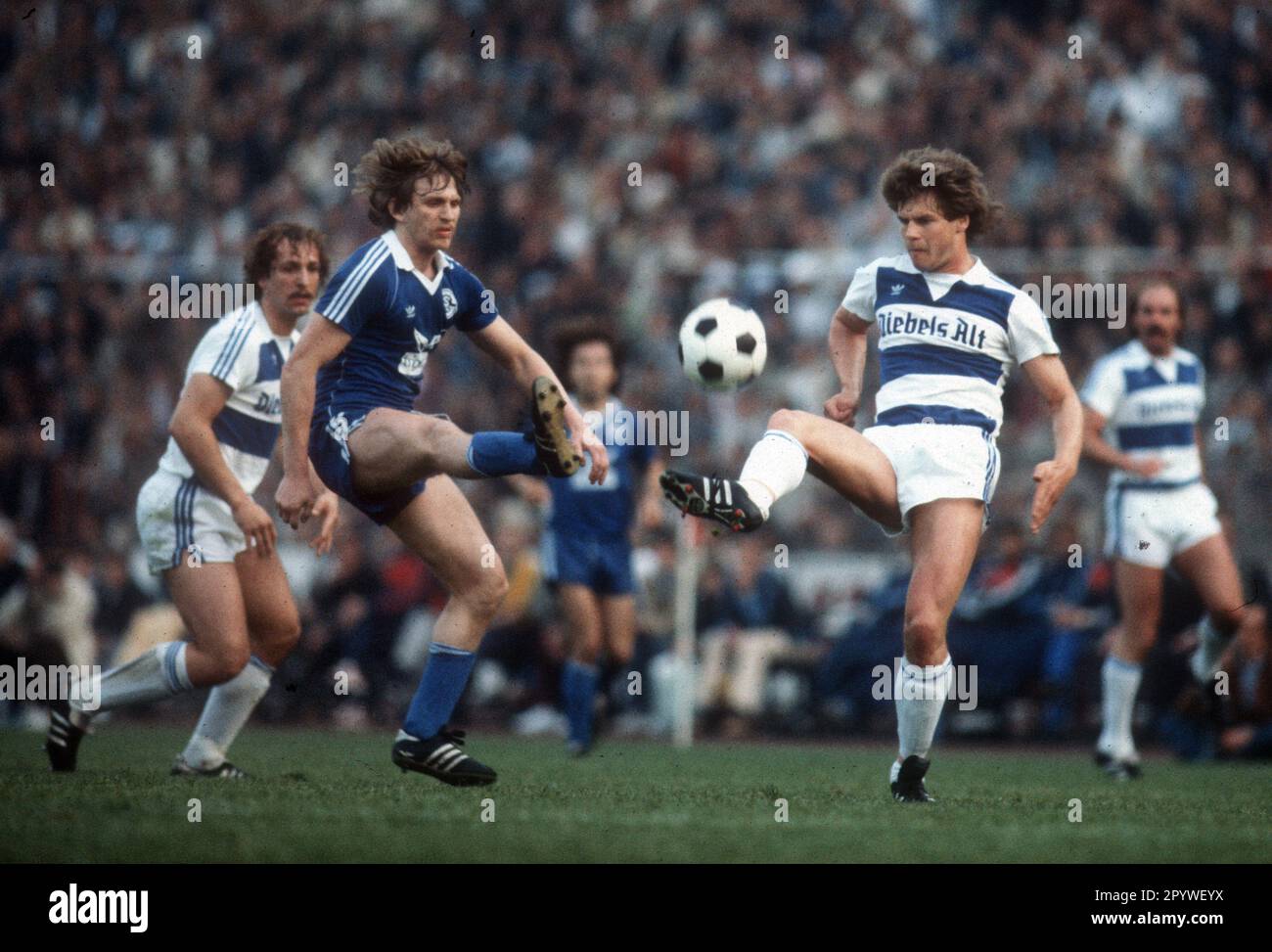 MSV Duisburg - FC Schalke 04 / 5:1 / 15.05.1981. Norbert Elgert (S04/li.) against Norbert Fruck (MSV). For journalistic use only! Only for editorial use! [automated translation] Stock Photo