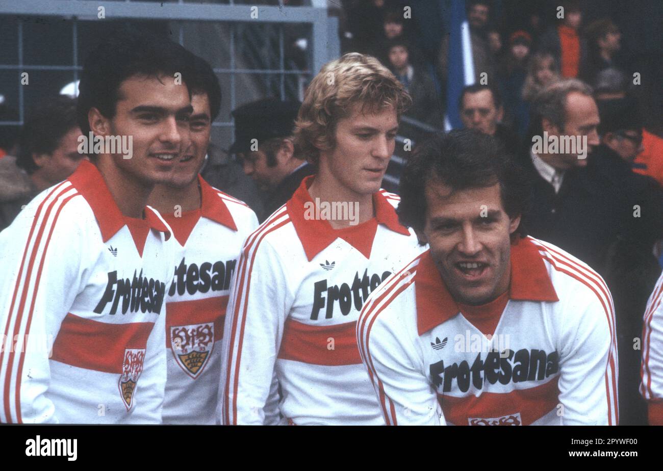 VFL Bochum - VFB Stuttgart 1:2 / 11.11.1978. From left: Hansi Müller, Bernd Martin (half-disappeared), Karlheinz Förster and Georg Volkert (all VFB) before the game. For journalistic use only! Only for editorial use! [automated translation] Stock Photo