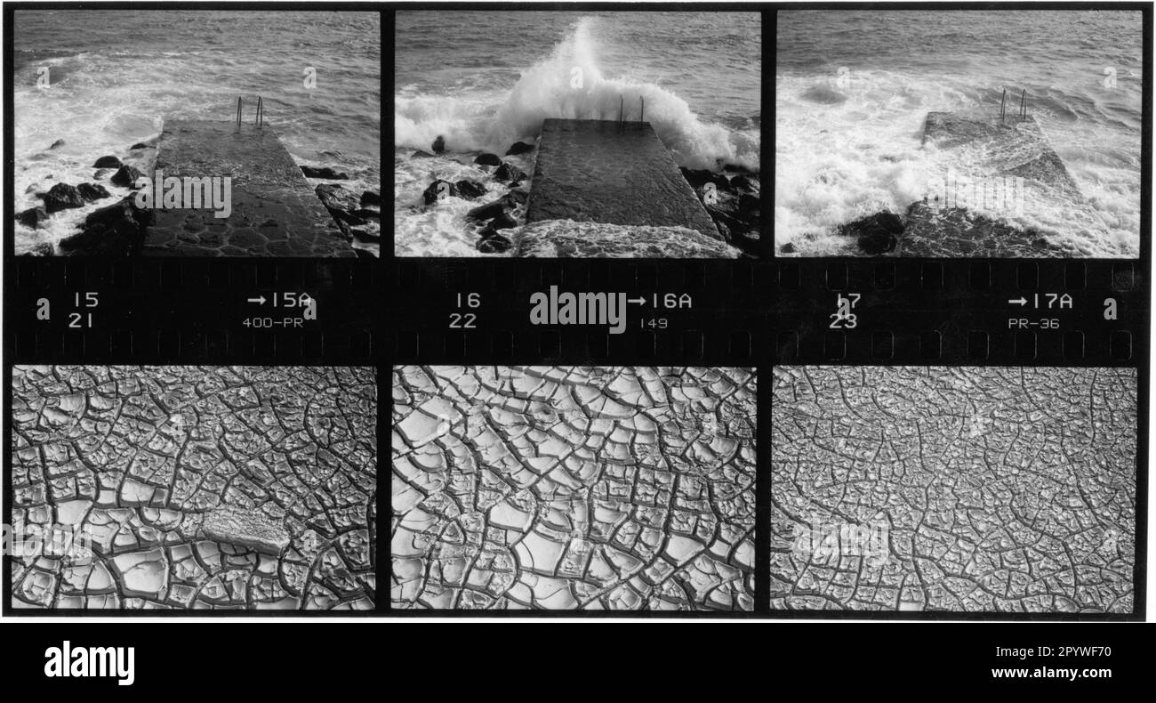Astronomy, tides. Contact sheet with 2 photo series on top of each other, 3 pictures each: Ebb and flow, billowing water and dry earth. Tenerife, Canary Islands, Atlantic. Black and white series. Photos, 1992. Stock Photo