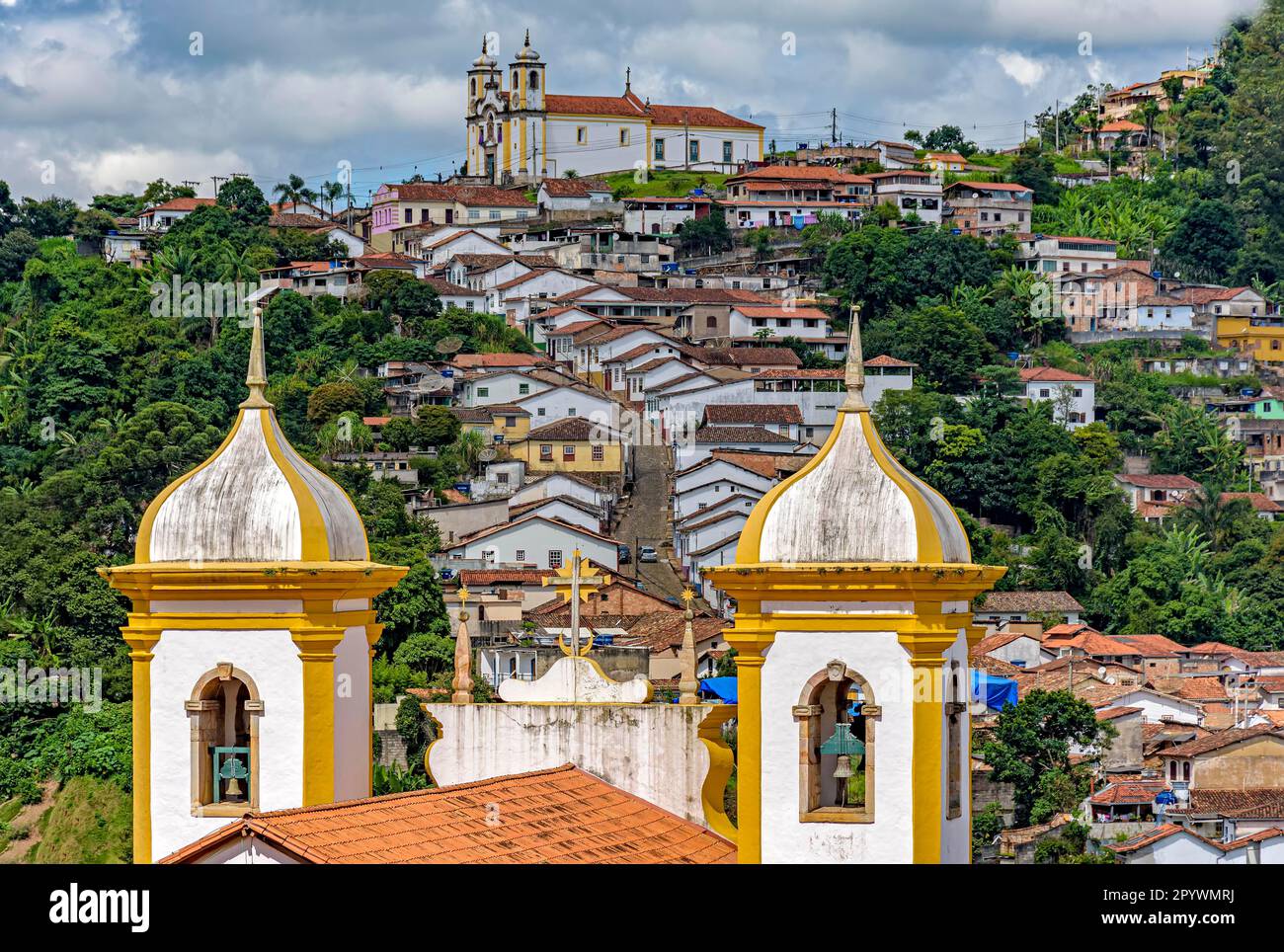 Historic city of Ouro Preto in Minas Gerais, Brazil with its slopes, hills and churches seen