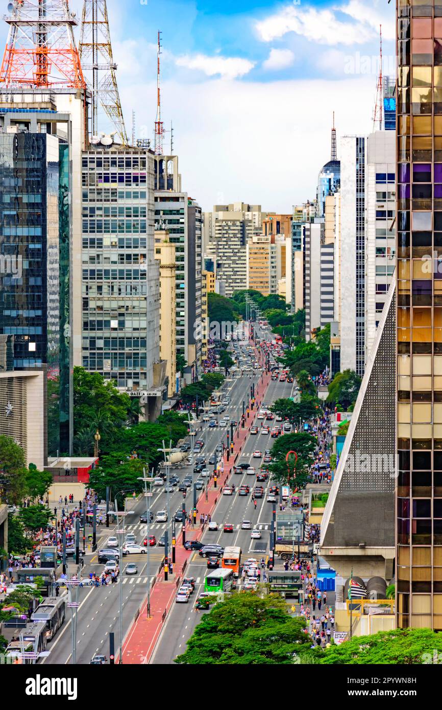 View of the famous Paulista Avenue, financial center of the city and one of the main places of Sao Paulo, Brazil, Avenida Paulista, Sao Paulo, Sao Stock Photo