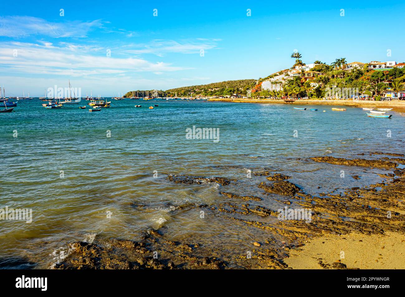 Panaroma of downtown Buzios in Rio de Janeiro with the sea, the beach and the boats, Brasil Stock Photo