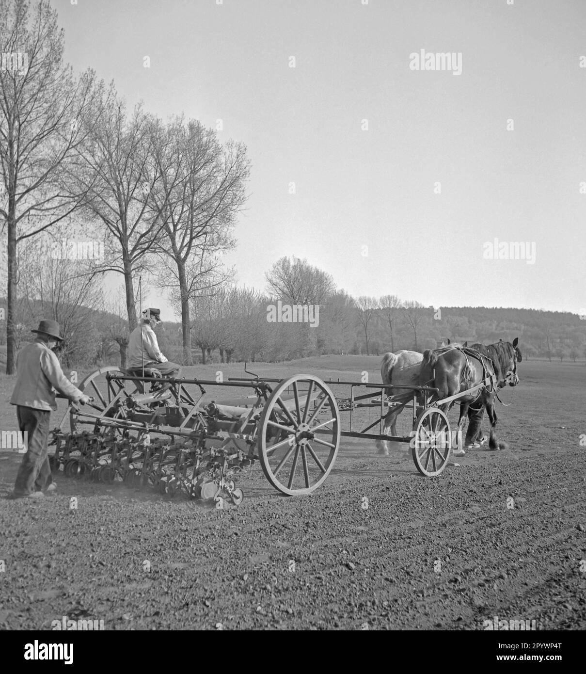 Two farmers are plowing a field near Kamp in Pomerania Stock Photo - Alamy
