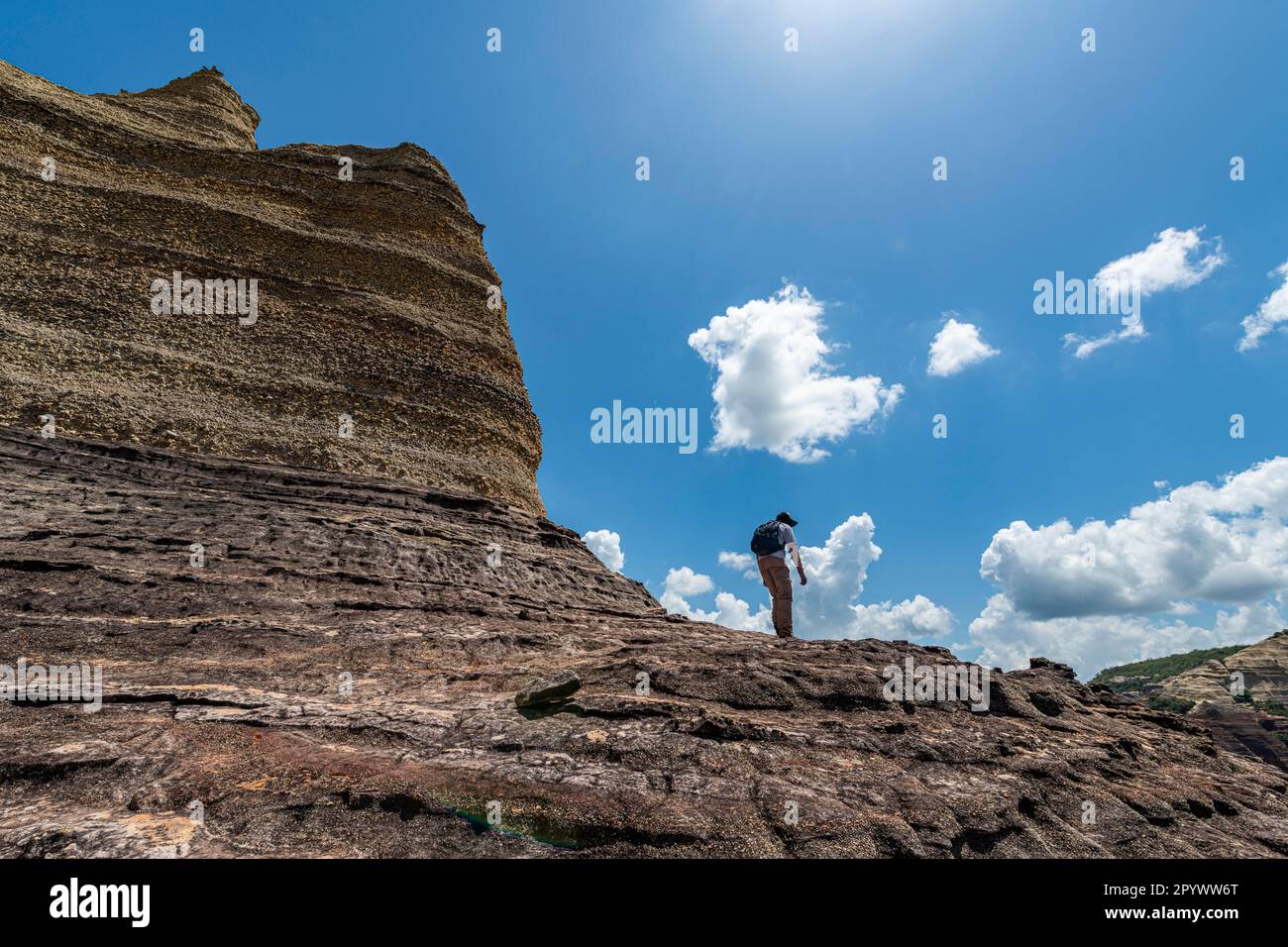 Trekkers in the Sandstone cliffs in the Unesco site Serra da Capivara National Park, Piaui, Brazil Stock Photo