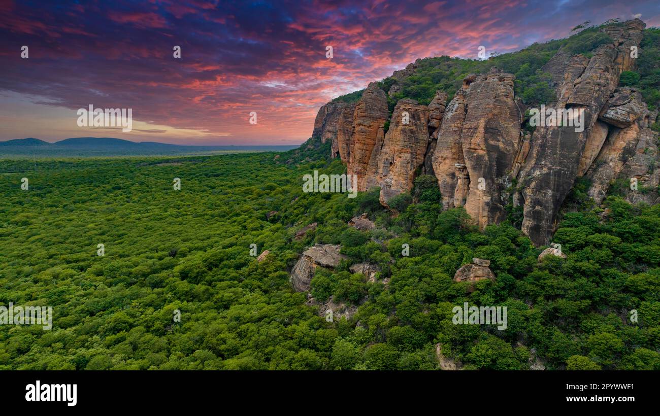 Aerial of the Sandstone cliffs in the Unesco site Serra da Capivara National Park, Piaui, Brazil Stock Photo