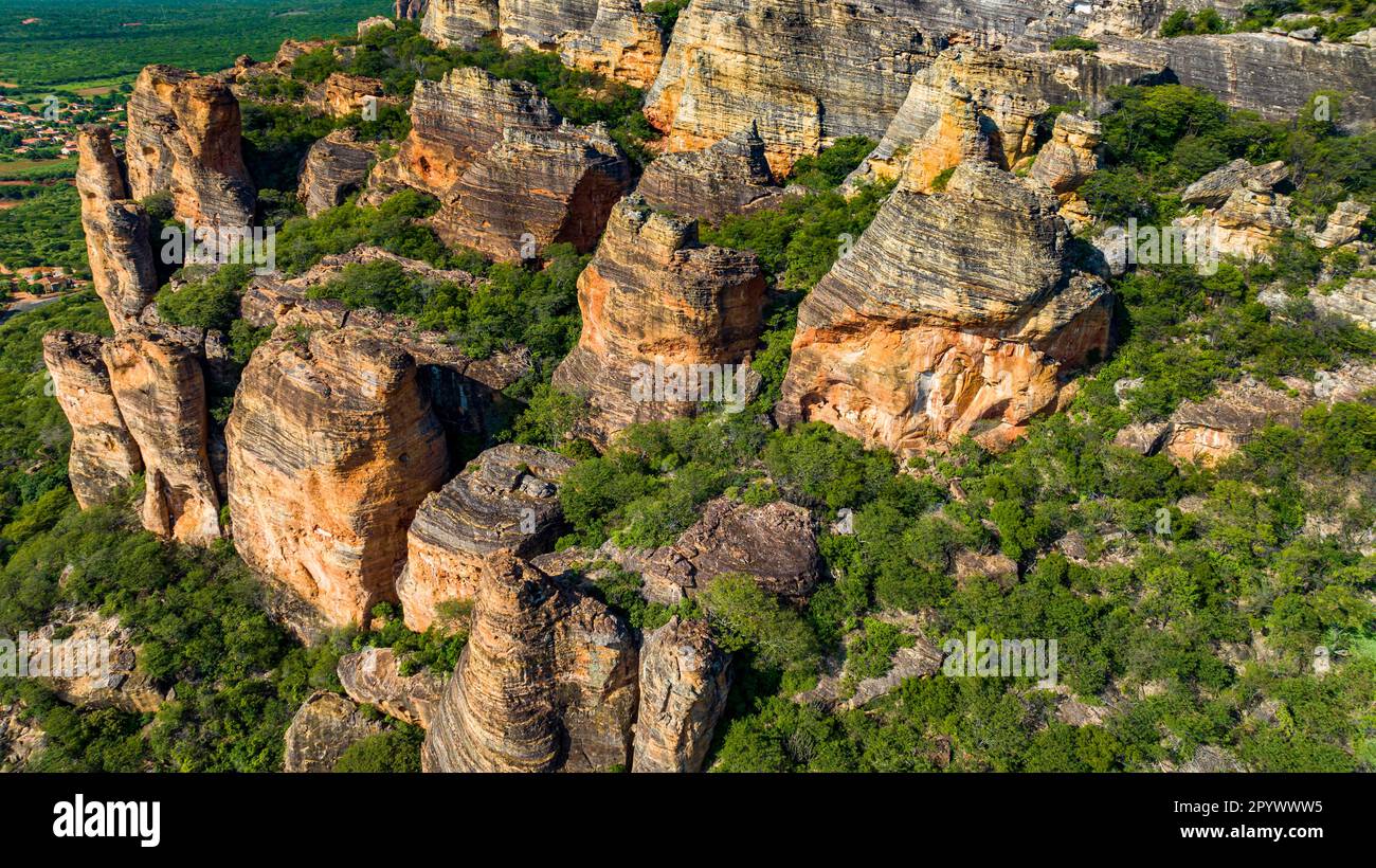 Aerial of the Sandstone cliffs in the Unesco site Serra da Capivara National Park, Piaui, Brazil Stock Photo