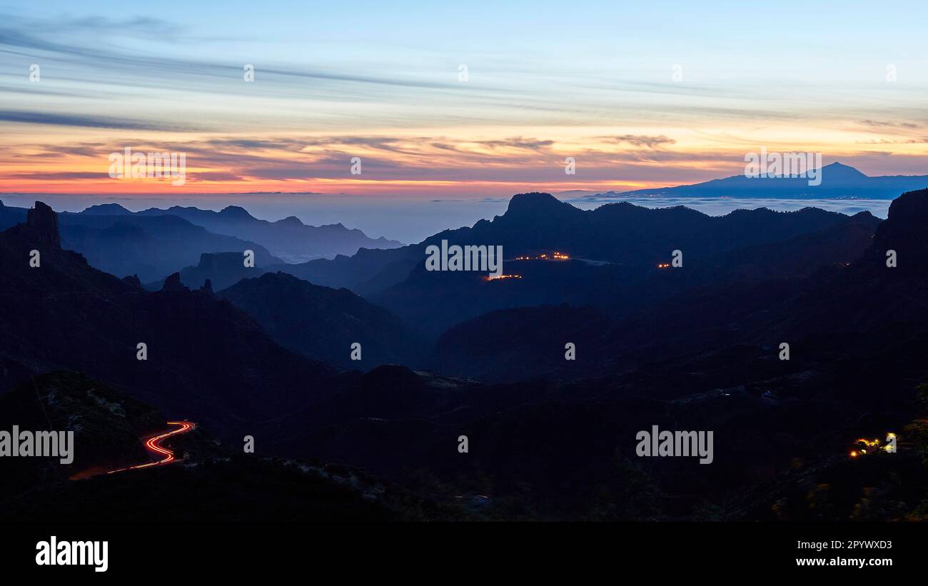 Dusk, dark mountains, light trails, Tenerife, Massif Central, mountain landscape, Gran Canaria, Canary Islands, Spain Stock Photo