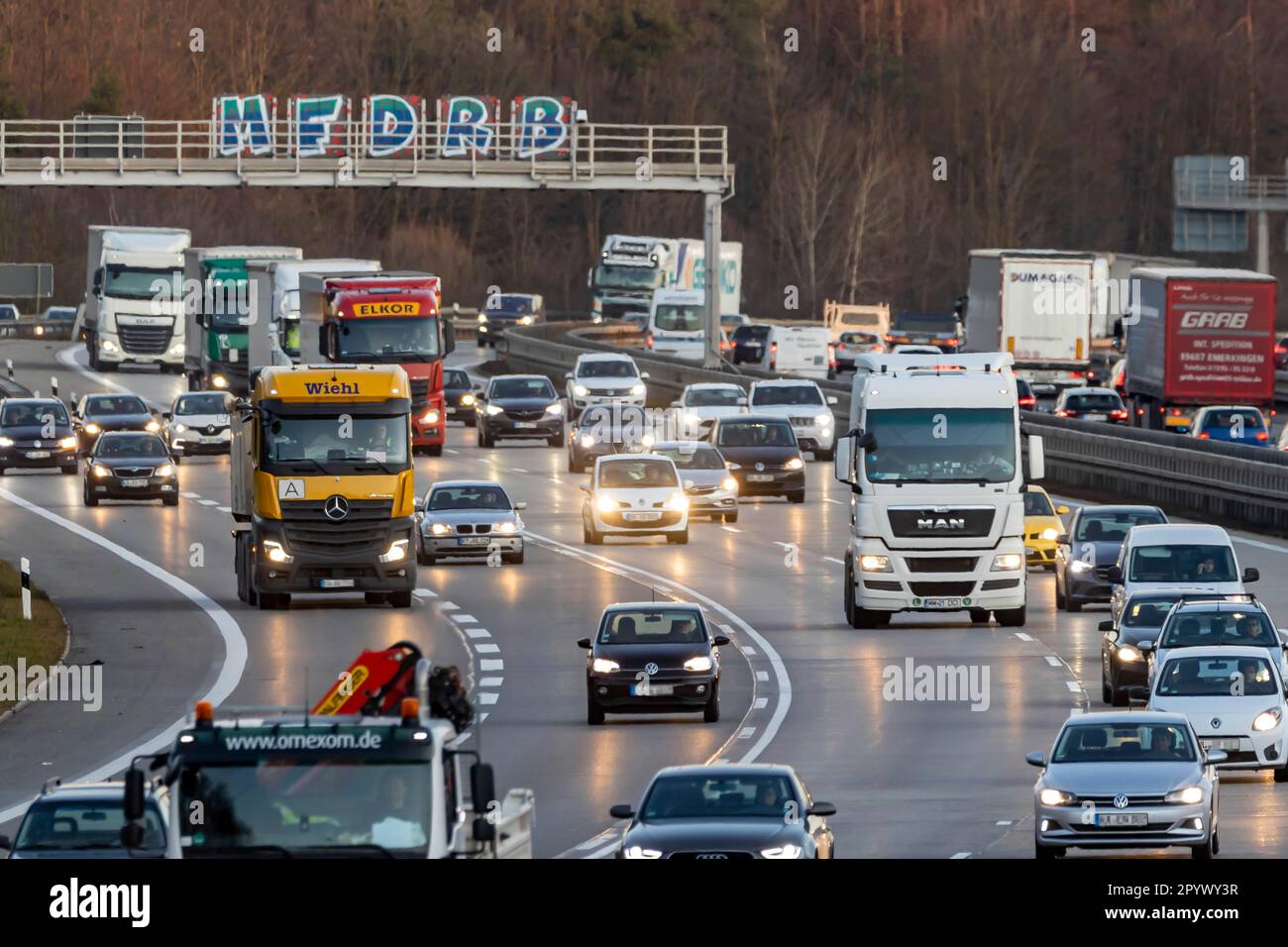 Heavy traffic, trucks and cars on the A8 motorway near Stuttgart, Baden ...