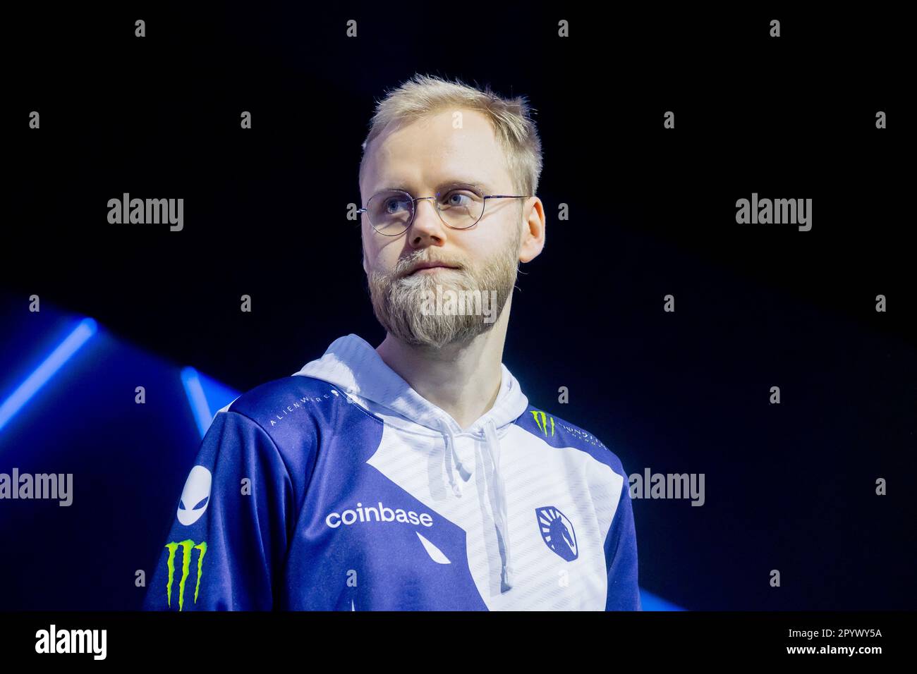Berlin, Germany. 05th May, 2023. E-Sport: ESL One Berlin Dota 2 Major, Second Major Tournament of the Dota Pro Circuit 2023, Final Weekend, Velodrom. 'Boxi' Samuel Svahn from the Dutch Team Liquid on stage before the start of the game. Credit: Christoph Soeder/dpa/Alamy Live News Stock Photo